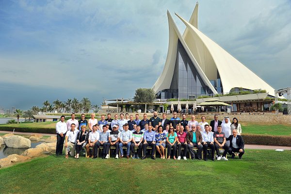 Pictured – The delegates in front of the Dubai Creek Golf & Yacht Club clubhouse 
